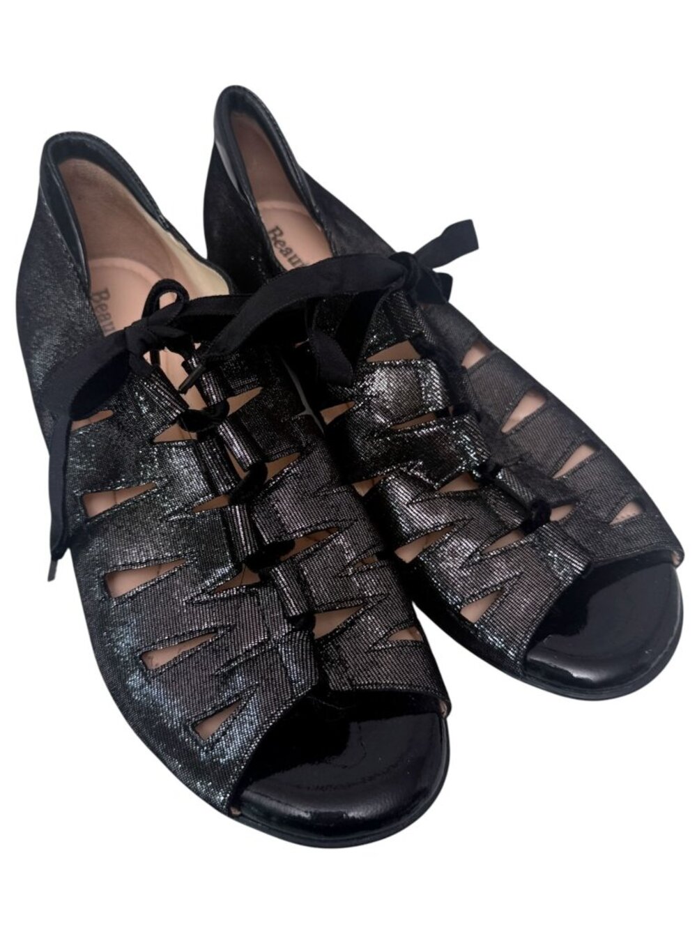 BeautiFeel Womens Comfort Shoes 8 / Size 39 Black Lace Up Gillie Flats Sandals